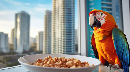 Apartment life is enriched with a sociable macaw.の素材