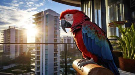 Vibrant macaw parrot graces the apartment with its colorful plumage.の素材