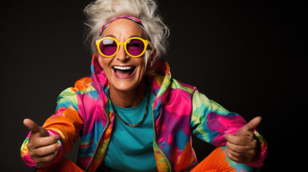 A woman rocking the 90s style with attitude, from neon to grunge, capturing the essence of a bygone era.の素材