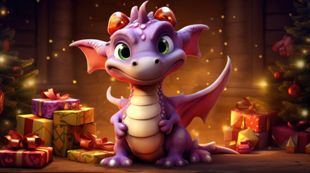 A playful dragon illustration brings joy to the holiday, set against a backdrop of a Christmas tree and presents.の素材