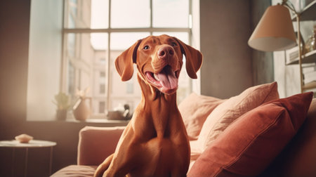 A serene living room with a happy pup, showcasing pet care routinesの素材