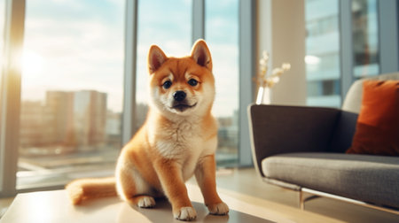Cozy living room corner reveals a dog's favorite spot, emphasizing pet happinessの素材