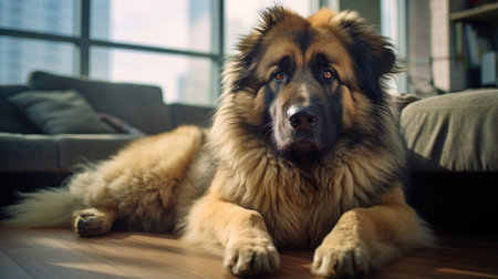 Cozy living room, contented dog, responsible pet careの素材