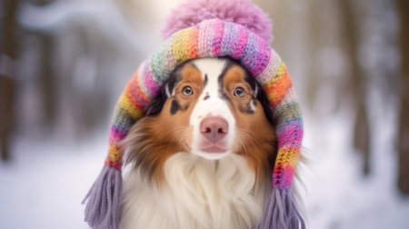 The serene beauty of winter complements an Australian Shepherd's portrait in the snow-covered landscapeの素材