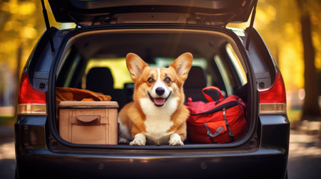 A curious Corgi joins the adventure, nestled in a car trunk with suitcases, ready for a journey full of travel delightsの素材