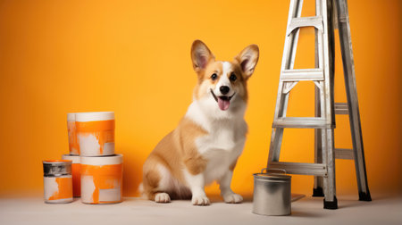 A dog, amidst a backdrop of bright wall paints and a ladder, adds a playful touch to the renovation sceneの素材