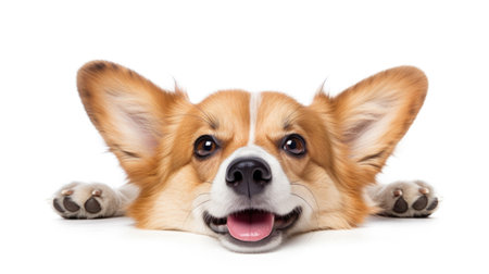 A comical Corgi strikes a humorous pose against a pristine white backdrop, bringing laughter to any projectの素材