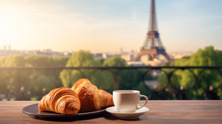 Savor the essence of Paris with a delightful breakfast featuring a croissant and coffee by the Eiffel Towerの素材