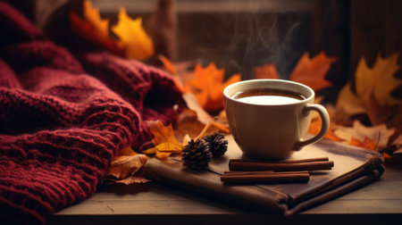 Sip serenity with a cup of tea, surrounded by the enchanting hues of an autumnal backdropの素材