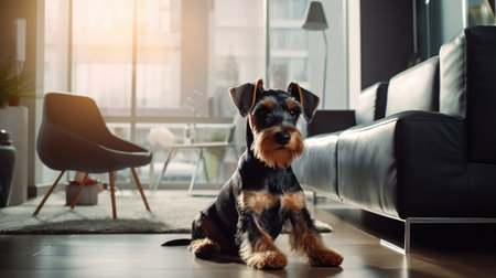 Portrait of a German Jagd Terrier dog in an apartment, home interior, love and care, maintenanceの素材