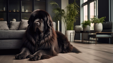 Portrait of a Newfoundland dog in an apartment, home interior, love and careの素材