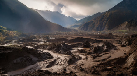 a dramatic scene as a mudflow descends down rugged terrainの素材
