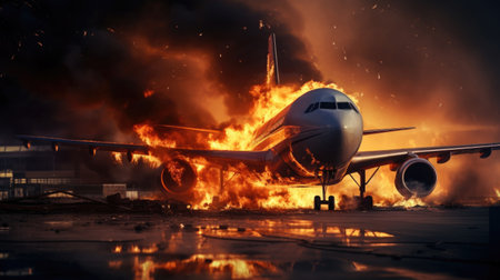 a passenger plane engulfed in flames on the airport runwayの素材