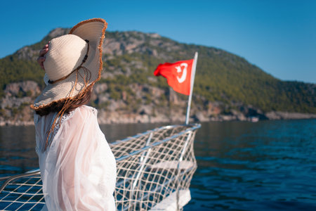 a yacht sails the Turkish Mediterranean, offering a blissful journey amidst breathtaking seascapesの写真素材