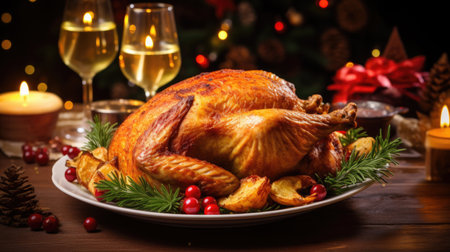 Aromatic baked chicken centerpiece, enhancing the Christmas dining experience.の素材