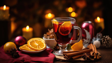 Mulled wine adds warmth to the holiday table, a festive tradition for Christmas.の素材