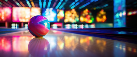 Bowling ball poised against the vibrant alley backdrop, ready for a striking game.の素材