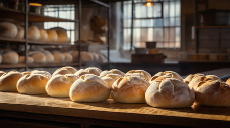Freshly baked buns in a quaint bakery, showcasing artisanal delights of a private enterprise.の素材