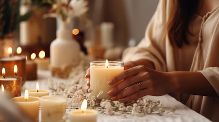 Woman crafting handmade candles, embodying entrepreneurial spirit in a private candle-making business.の素材