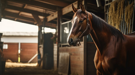 Horse framed by a private stable, ideal for rental business promotions with equestrian charm.の素材