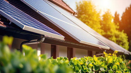 rooftop solar panels harnessing renewable energy.の素材