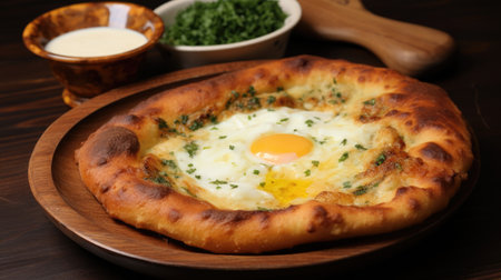 Delicious homemade khachapuri a Georgian favorite with eggs.の素材
