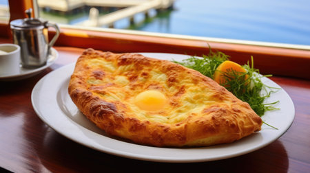 Mouthwatering cheese bread, a staple in Georgian cuisine with eggs.の素材