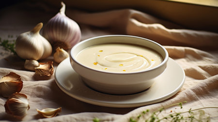 Classic French garlic soup, a warm and hearty bowl with rich flavors.の素材