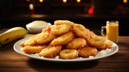Crispy fried bananas, golden slices coated in batter, a delightful sweet snack.の素材