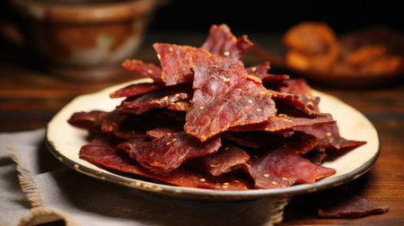 Savory beef jerky strips, a protein-packed snack, flavorful dried meat slices, a popular on-the-go treat.の素材