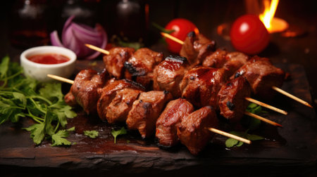 Sizzling shish kebabs juicy meat cubes, grilled to perfection, a delectable barbecue treat.の素材