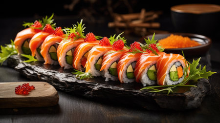 Fresh sushi collection an array of selectable fish and rice rolls, a Japanese.の素材