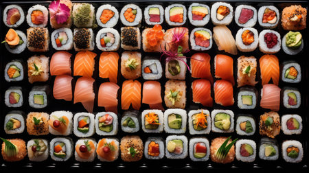 Assorted sushi rolls a colorful mix of fresh fish, rice, and seaweed.の素材