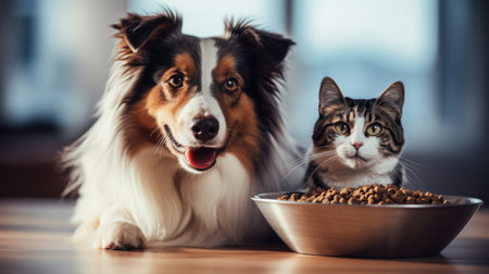 Cat and dog enjoy meal from shared bowl.の素材