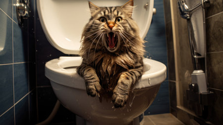 Amusing cat in toilet, quirky feline antics and curiosityの素材