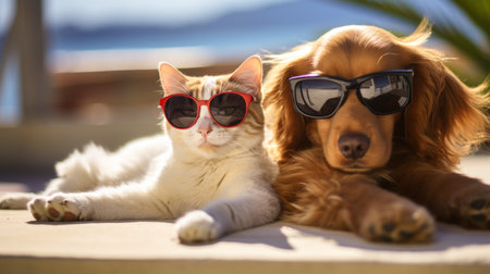 Stylish dog and cat enjoy vacation together wearing sunglasses.の素材