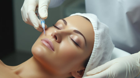 Woman receives Botox treatment in professional salon setting.の素材