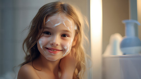 Youngster with face cream, bathroom skincare routine, playfulの素材