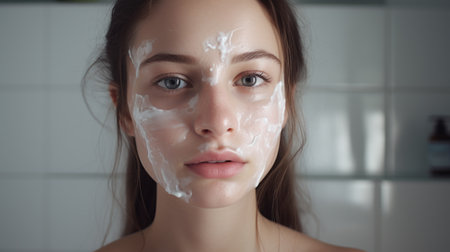 Woman applies facial cream in bathroom for skincare routineの素材
