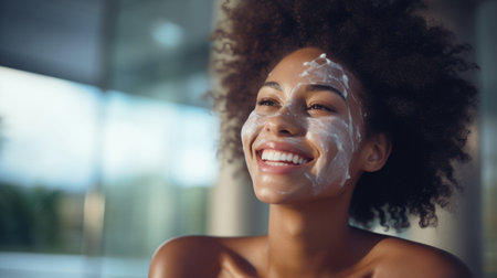 Woman enjoys skincare regimen, applying cream in bathroom mirrorの素材