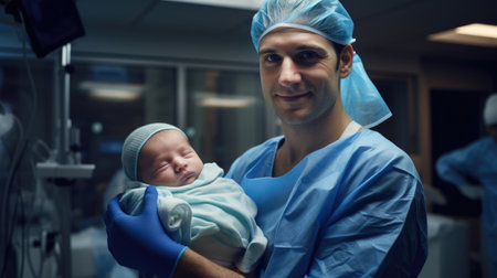 Doctor holds infant in OR, providing professional medical attentionの素材