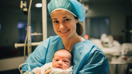 Medical professional holds baby in clinic's operating room, nurturingの素材