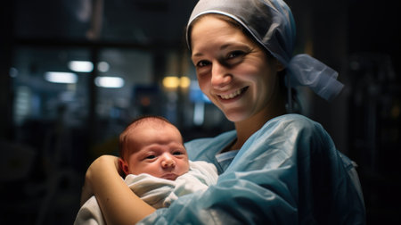 Surgeon with newborn in clinic's OR, providing compassionate careの素材