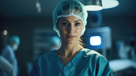 Professional female surgeon in clinic's OR, displaying confidence, expertiseの素材