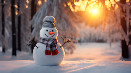 Snowman stands on snowy winter landscape, festive and cheerfulの素材