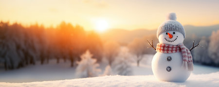 Winter scene with snowman, snowy landscape, festive wintertimeの素材
