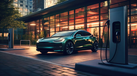 EV parked at charging point emphasizes green, sustainable transportationの素材