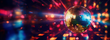Banner with disco ball backdrop, ideal for festive eventsの素材