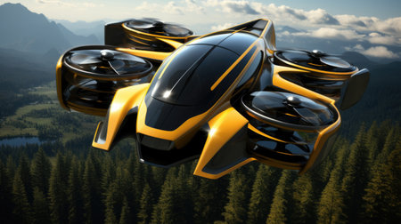 Conceptual flying vehicle navigating future.の素材