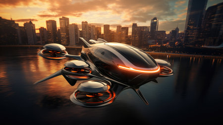 Futuristic flying car soaring above city, pioneering transportation conceptの素材